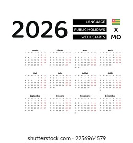 Calendar 2026 French language with Togo public holidays. Week starts from Monday. Graphic design vector illustration..