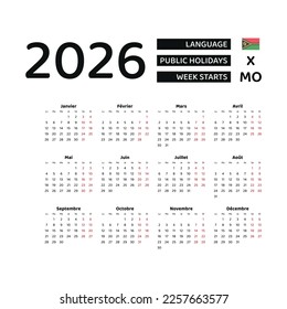 Calendar 2026 French language with Vanuatu public holidays. Week starts from Monday. Graphic design vector illustration.