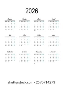 Calendar 2026 in french language. Vector illustration