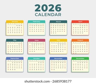 Calendar. 2026 horizontal Calendar layout. Vector illustration of 2026 Calendar template design with modern 2026 numbers. 