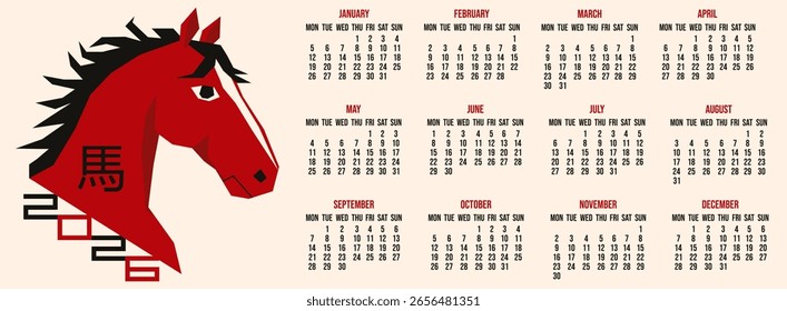 Kalender. Entwurf einer horizontalen Kalendervorlage 2026. Vektorgrafik von Kalender 2026 mit rotem Pferd. Kalender mit chinesischem Neujahrssymbol.  EPS 10