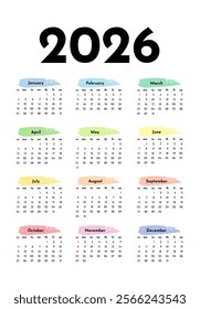 Calendar for 2026 isolated on a white background. Sunday to Monday, business template. Vector illustration