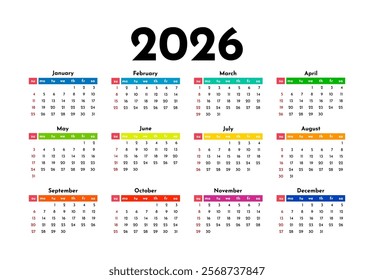 Calendar for 2026 isolated on a white background. Sunday to Monday, business template. Vector illustration