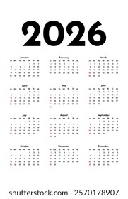 Calendar for 2026 isolated on a white background. Sunday to Monday, business template. Vector illustration