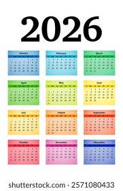 Calendar for 2026 isolated on a white background. Sunday to Monday, business template. Vector illustration