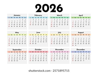 Calendar for 2026 isolated on a white background. Sunday to Monday, business template. Vector illustration