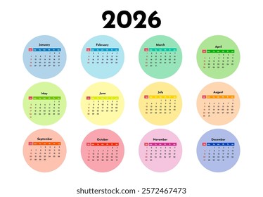 Calendar for 2026 isolated on a white background. Sunday to Monday, business template. Vector illustration