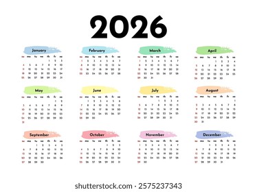 Calendar for 2026 isolated on a white background. Sunday to Monday, business template. Vector illustration