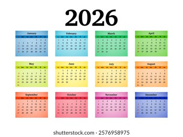 Calendar for 2026 isolated on a white background. Sunday to Monday, business template. Vector illustration