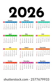 Calendar for 2026 isolated on a white background. Sunday to Monday, business template. Vector illustration