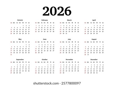 Calendar for 2026 isolated on a white background. Sunday to Monday, business template. Vector illustration