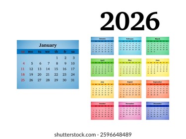 Calendar for 2026 isolated on a white background. Sunday to Monday, business template. Vector illustration