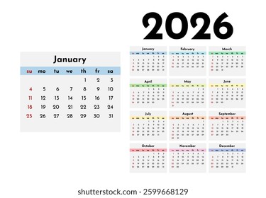 Calendar for 2026 isolated on a white background. Sunday to Monday, business template. Vector illustration