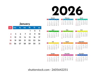 Calendar for 2026 isolated on a white background. Sunday to Monday, business template. Vector illustration