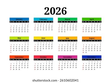 Calendar for 2026 isolated on a white background. Sunday to Monday, business template. Vector illustration