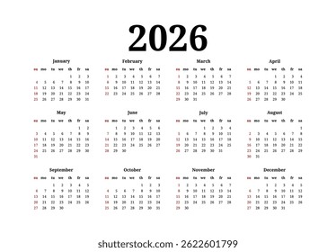 Calendar for 2026 isolated on a white background. Sunday to Monday, business template. Vector illustration