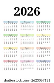 Calendar for 2026 isolated on a white background. Sunday to Monday, business template. Vector illustration