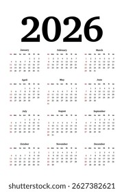 Calendar for 2026 isolated on a white background. Sunday to Monday, business template. Vector illustration