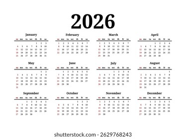 Calendar for 2026 isolated on a white background. Sunday to Monday, business template. Vector illustration