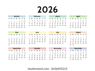 Calendário para 2026 isolado em um fundo branco. De domingo a segunda-feira, modelo de negócios. Ilustração vetorial