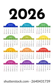 Calendar for 2026 isolated on a white background. Sunday to Monday, business template. Vector illustration