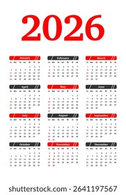 Calendar for 2026 isolated on a white background. Sunday to Monday, business template. Vector illustration