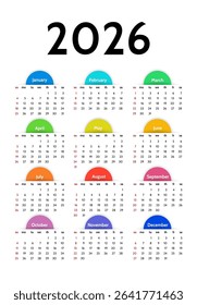 Calendar for 2026 isolated on a white background. Sunday to Monday, business template. Vector illustration