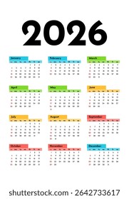 Calendário para 2026 isolado em um fundo branco. De domingo a segunda-feira, modelo de negócios. Ilustração vetorial