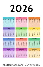 Calendar for 2026 isolated on a white background. Sunday to Monday, business template. Vector illustration
