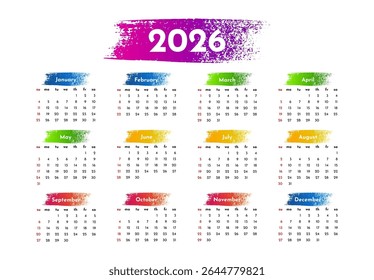 Calendário para 2026 isolado em um fundo branco. De domingo a segunda-feira, modelo de negócios. Ilustração vetorial