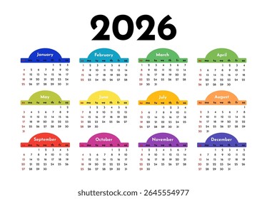 Calendário para 2026 isolado em um fundo branco. De domingo a segunda-feira, modelo de negócios. Ilustração vetorial