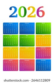 Calendário para 2026 isolado em um fundo branco. De domingo a segunda-feira, modelo de negócios. Ilustração vetorial