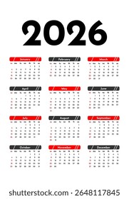 Calendário para 2026 isolado em um fundo branco. De domingo a segunda-feira, modelo de negócios. Ilustração vetorial