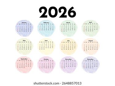 Calendar for 2026 isolated on a white background. Sunday to Monday, business template. Vector illustration