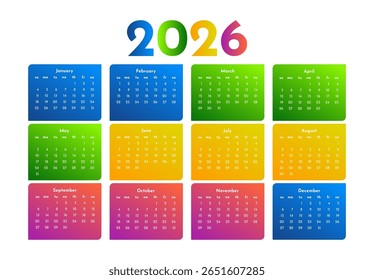 Calendário para 2026 isolado em um fundo branco. De domingo a segunda-feira, modelo de negócios. Ilustração vetorial