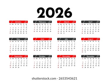 Calendário para 2026 isolado em um fundo branco. De domingo a segunda-feira, modelo de negócios. Ilustração vetorial