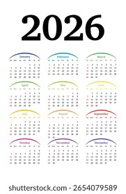 Calendário para 2026 isolado em um fundo branco. De domingo a segunda-feira, modelo de negócios. Ilustração vetorial