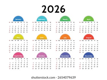Calendário para 2026 isolado em um fundo branco. De domingo a segunda-feira, modelo de negócios. Ilustração vetorial