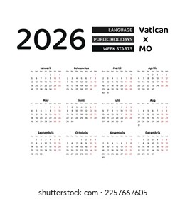 Calendar 2026 Latin language with Vatican City public holidays. Week starts from Monday. Graphic design vector illustration.