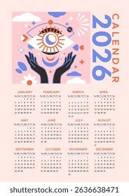 Calendar 2026 with magic illustration of all-seeing eye, sun, moon on a pink background. A3 vector calendar 2026.