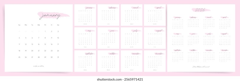 Calendar 2026, Calendar 2026 Minimal Design with Pastel Watercolor Creative Splash Template Vector