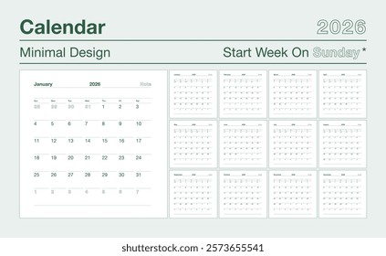 Calendar 2026 minimal design the week starts on Sunday