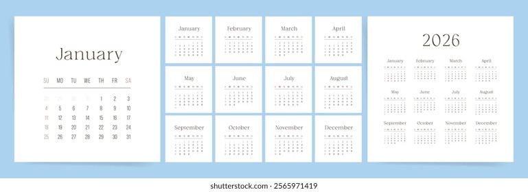 Calendar 2026, Calendar 2026 Minimal Elegant Yearly Planner Design Template Vector. 12 Calendar Pages for every months of 2026 year.