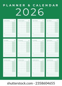 Calendar 2026, Minimal Table Design, Week start Sunday template. 