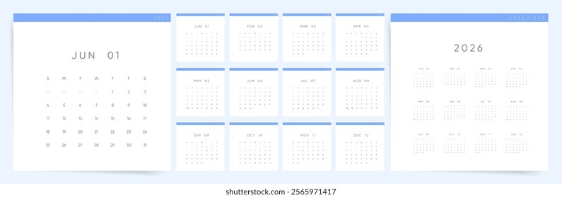 Calendar 2026, Calendar 2026 Minimalist Blue Yearly Planner Template Vector