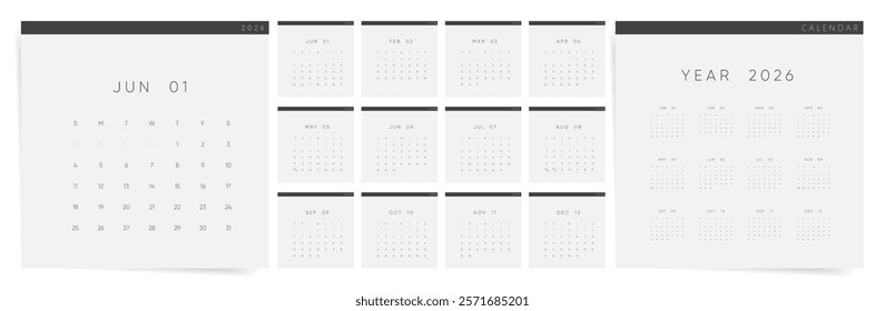 Calendar 2026, Calendar 2026 Modern Minimalist Design, Sunday Start, 12 Months Pages Templates for whole 2026 year. 