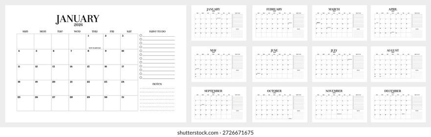 2026. Diseño del planificador mensual. Diseño de calendario anual minimalista y limpio para la planificación y programación de la impresión. 