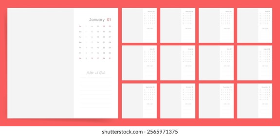 Calendar 2026, Calendar 2026 Monthly Planner Minimal Coral Design Template Vector with Copy Space for Image or Branding