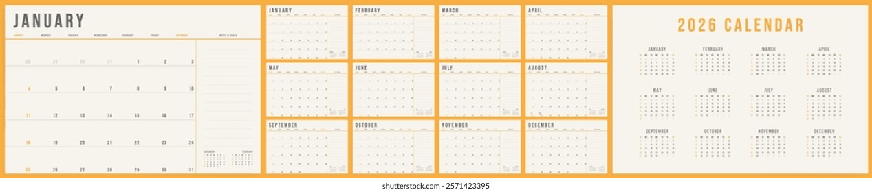 Calendar 2026 Monthly Templates with Notes, Calendar 2026 Sunday Start Orange Corporate Design Template