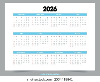 Calendar for 2026 on one sheet of A3 format. Vector illustration.